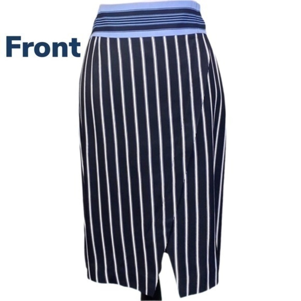 LOFT black, navy and white striped, faux wrap midi skirt in size 12. EUC